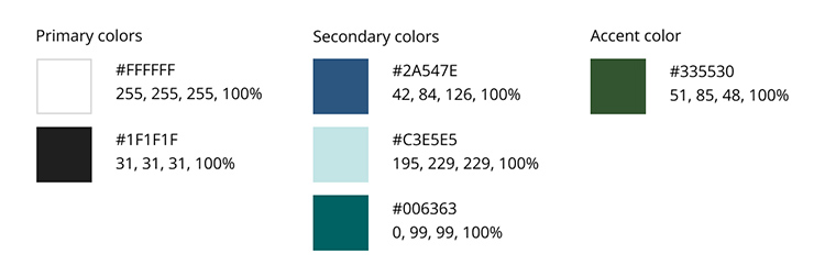 Color samples with hex codes and RGB codes for the color palette