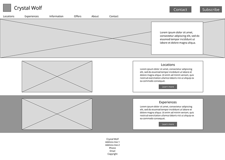 Grayscale digital wireframe of the home page