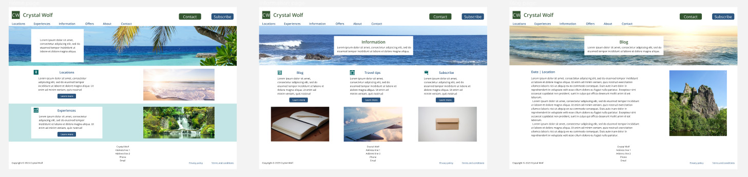 Color digital prototype of the home page, 'Information' page and 'Blog' page