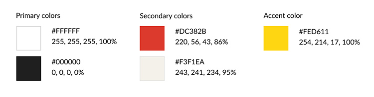 Color samples of the primary colors, secondary colors and accent color with hex codes and RGB codes