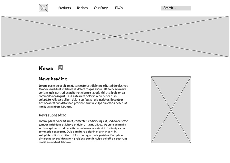 Grayscale digital wireframe of the redesigned home page