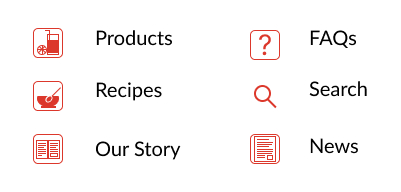 Icons as squares with rounded corners in white and the red brand color