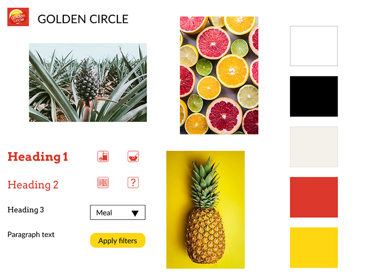 White board with the brand logo, color samples, interface elements and images of pineapple plants and fruit