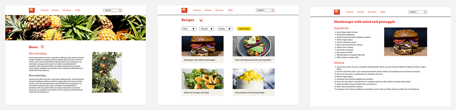 Color digital prototype of the home page, 'Recipes' page and a sample recipe page