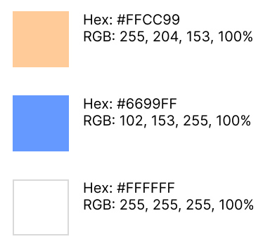 Color samples with hex codes and RGB codes for the color palette