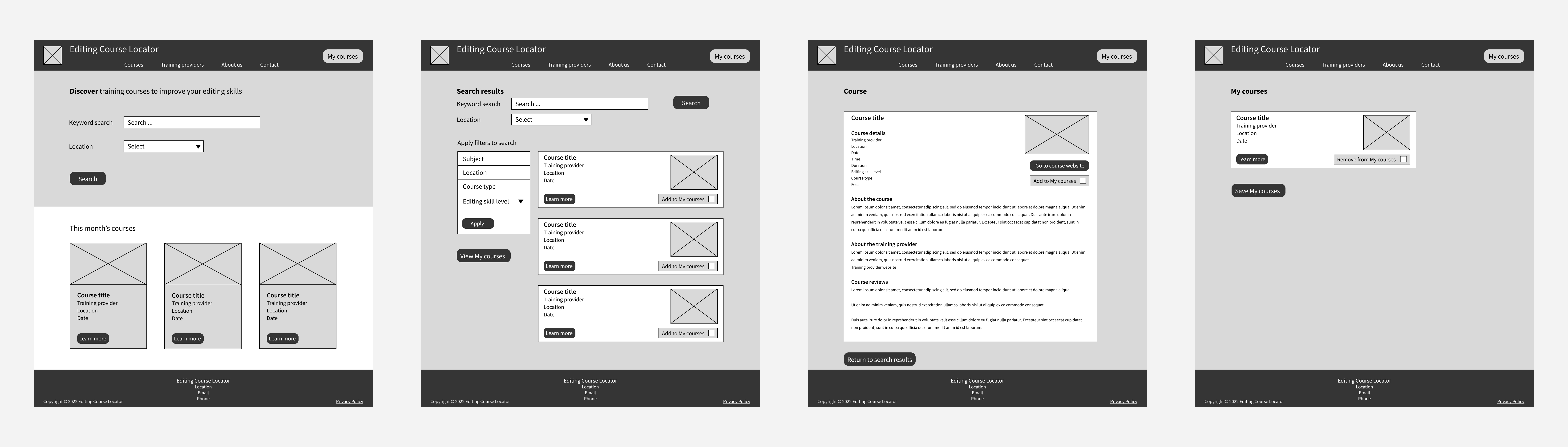 Grayscale digital wireframes of four screen pages: home page, 'Search results', 'Course' and 'My courses'