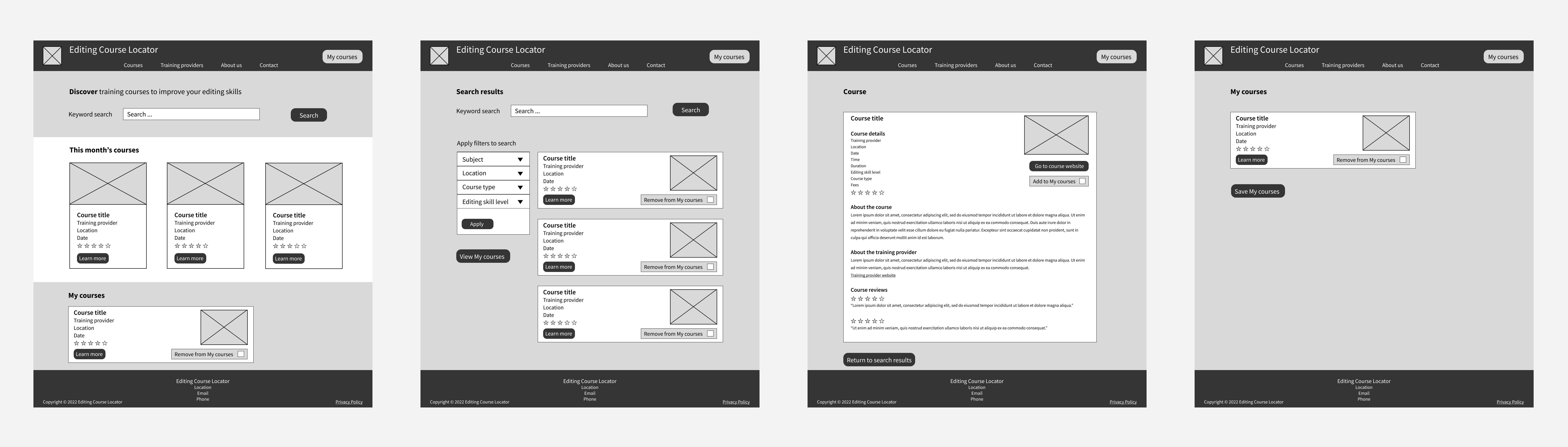 Grayscale revised digital wireframes of four screen pages: home page, 'Search results', 'Course' and 'My courses'